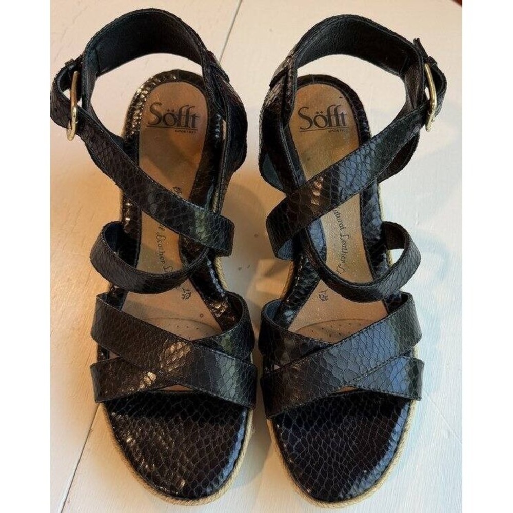 Sofft Womens Black Leather Strappy Sandals Espadrille Snakeskin Inez Heels 9‎